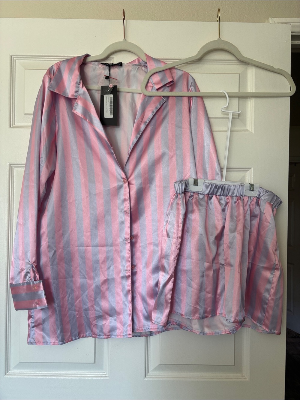 Nasty Gal Pink and Light Blue Striped Satin Pajama Set